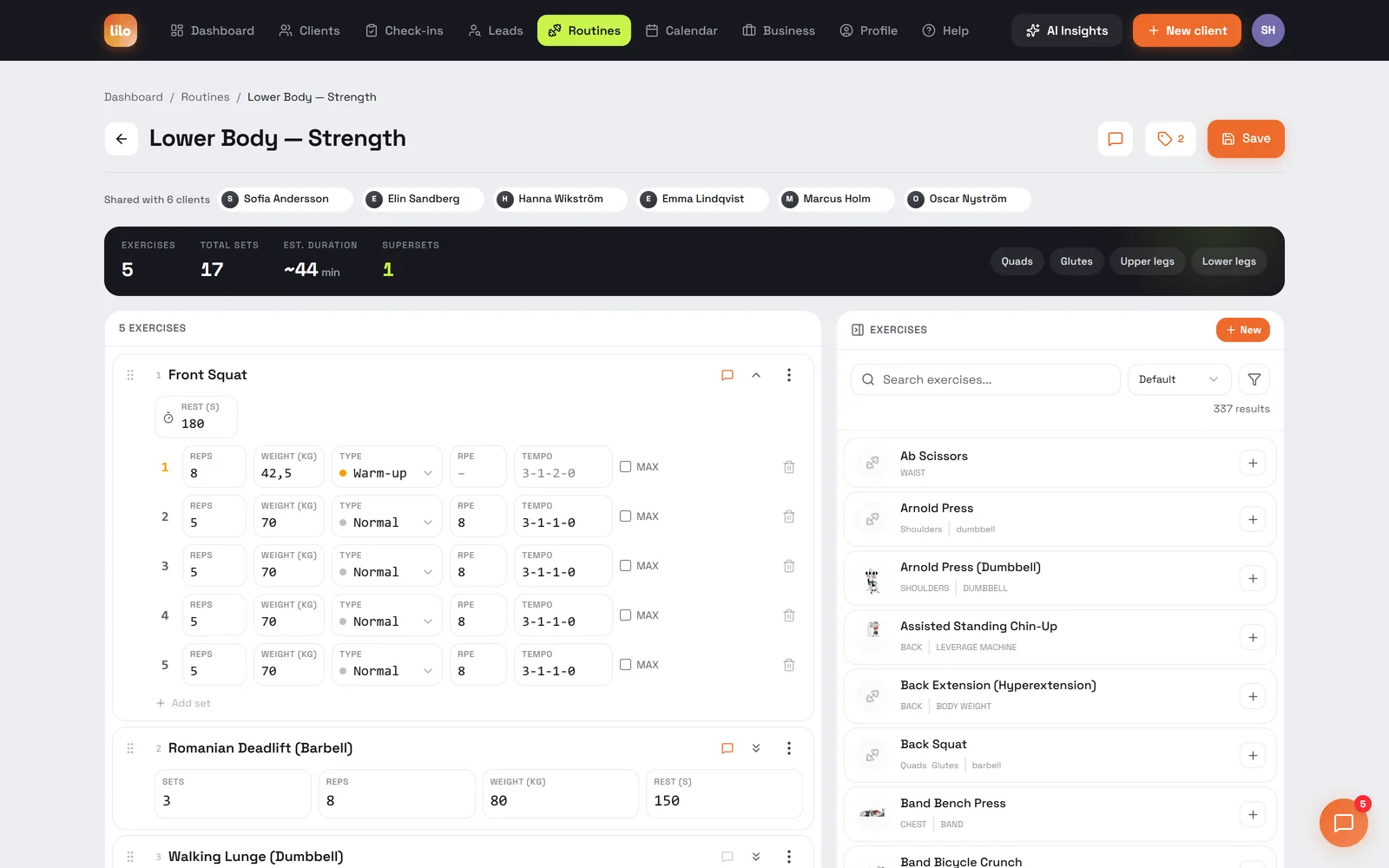 Routine builder: sets with reps, weight, set type, RPE and tempo beside the exercise catalog