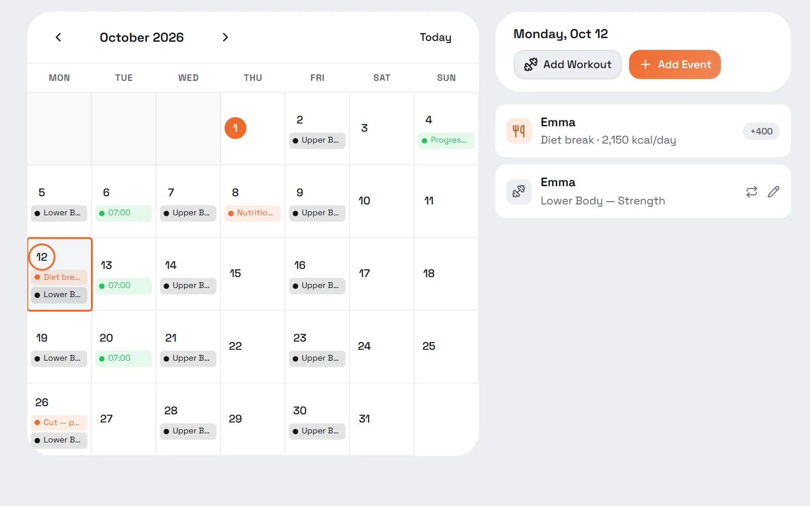 One client’s calendar with workouts, PT sessions and a nutrition period