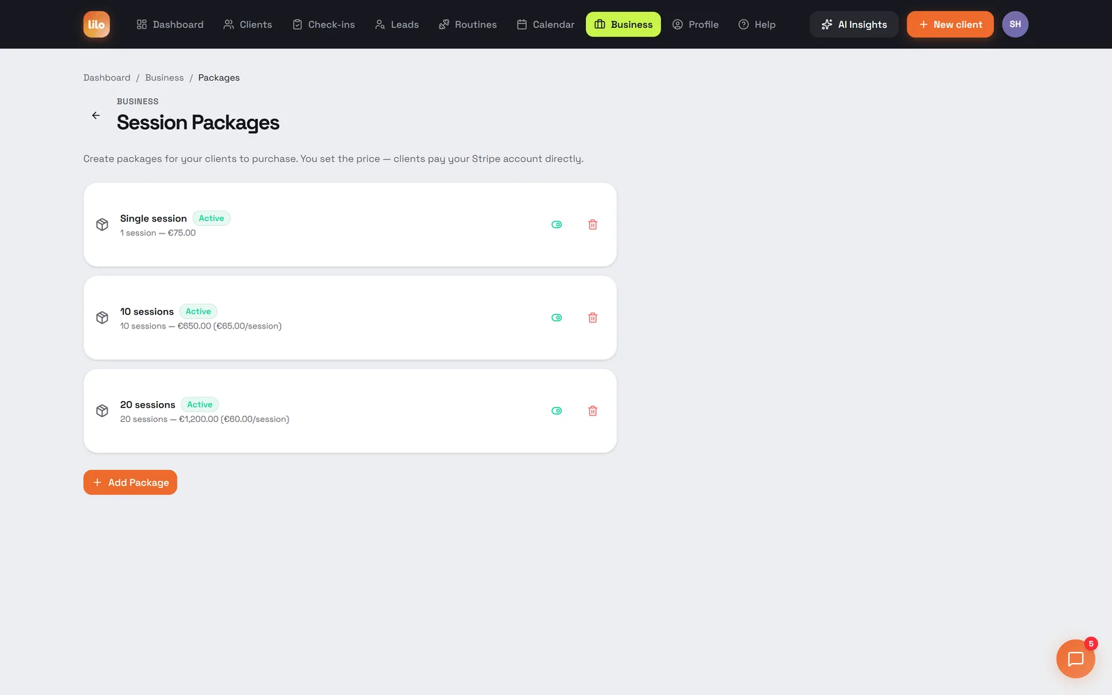 Session Packages page with 1, 10 and 20 session packages